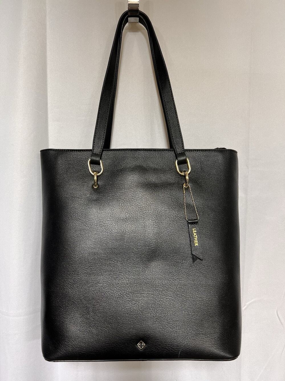 Antonio Melani NWT Classic Black Leather Tote Bag w/Gold Accents & Zip Closure